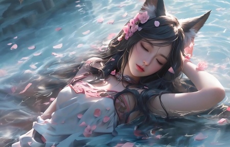 阿貍 閉眼 獸耳 粉色花瓣 水中 4K壁紙 3840x2160